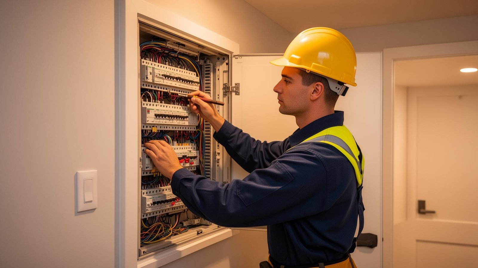 Electrician inspecting a home electrical panel